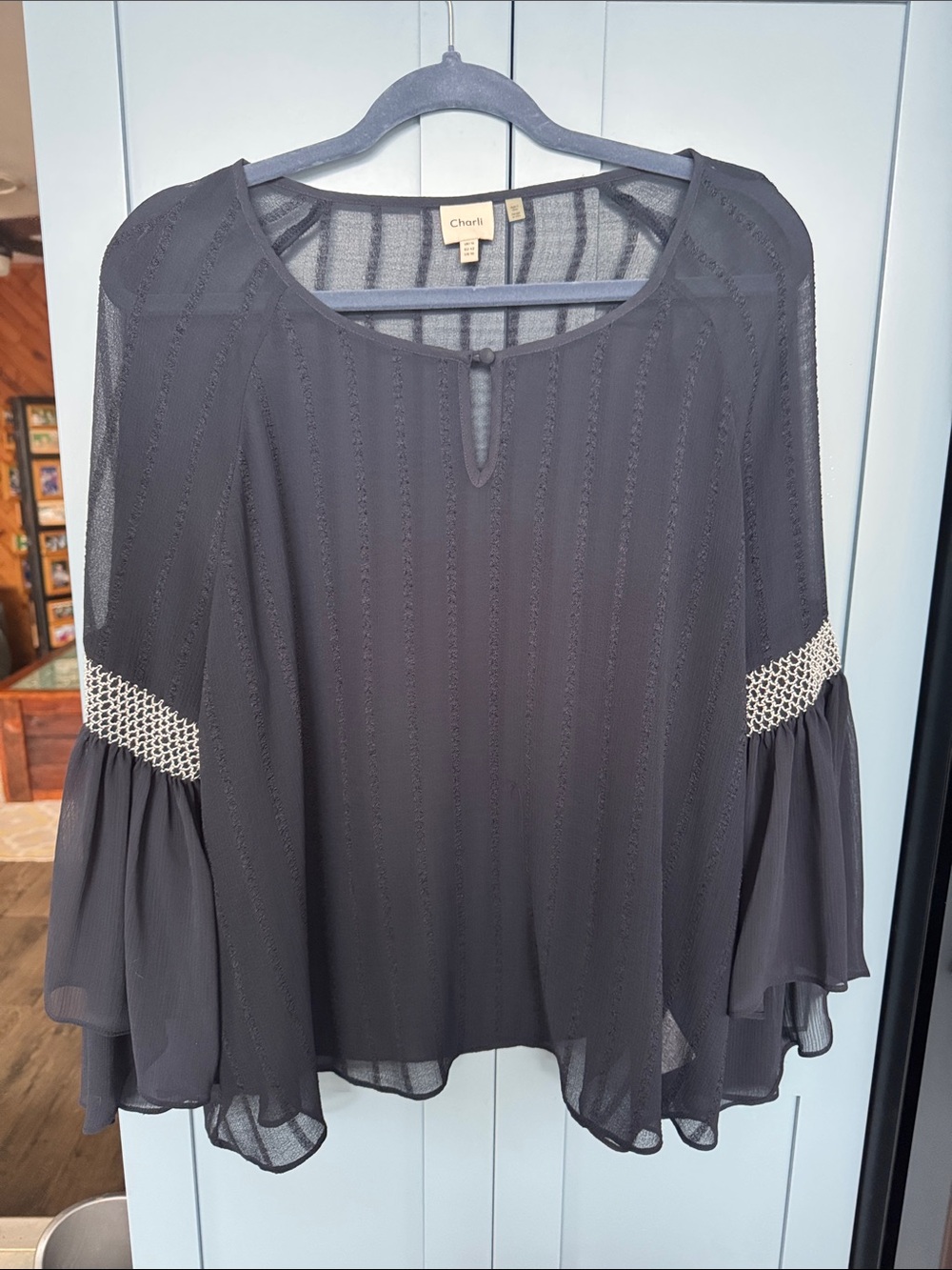 Chani Navy Sheer Bell-Sleeve Blouse with Cream Lace Trim